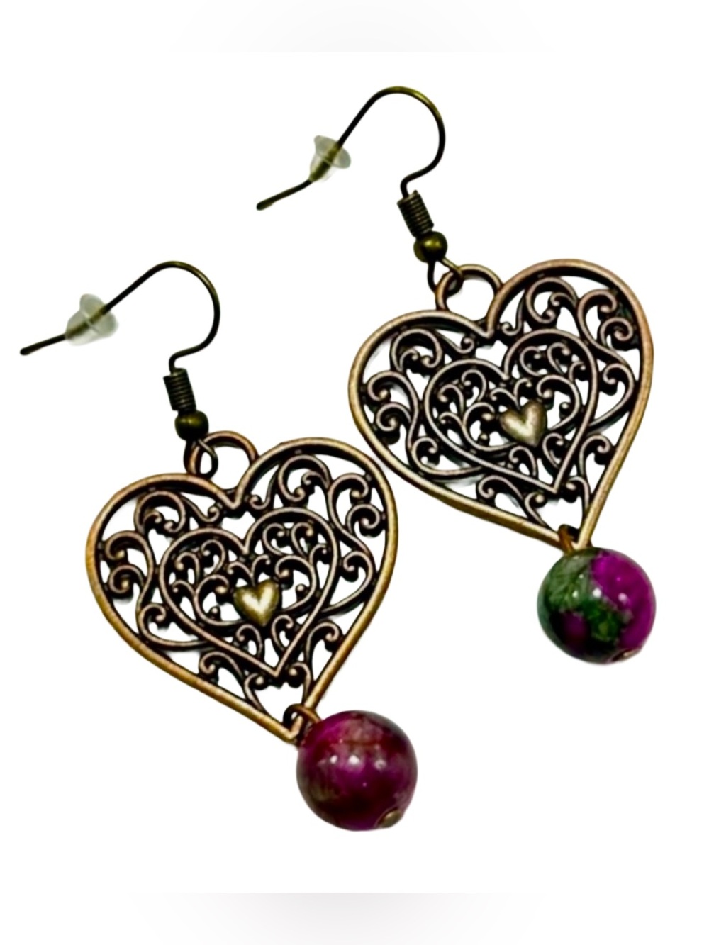 Handmade Copper Filigree Heart Earrings with Natural Persian Jade Stones